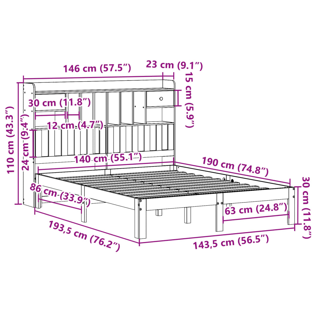 vidaXL Cama con estantería sin colchón madera maciza de pino 140x190cm