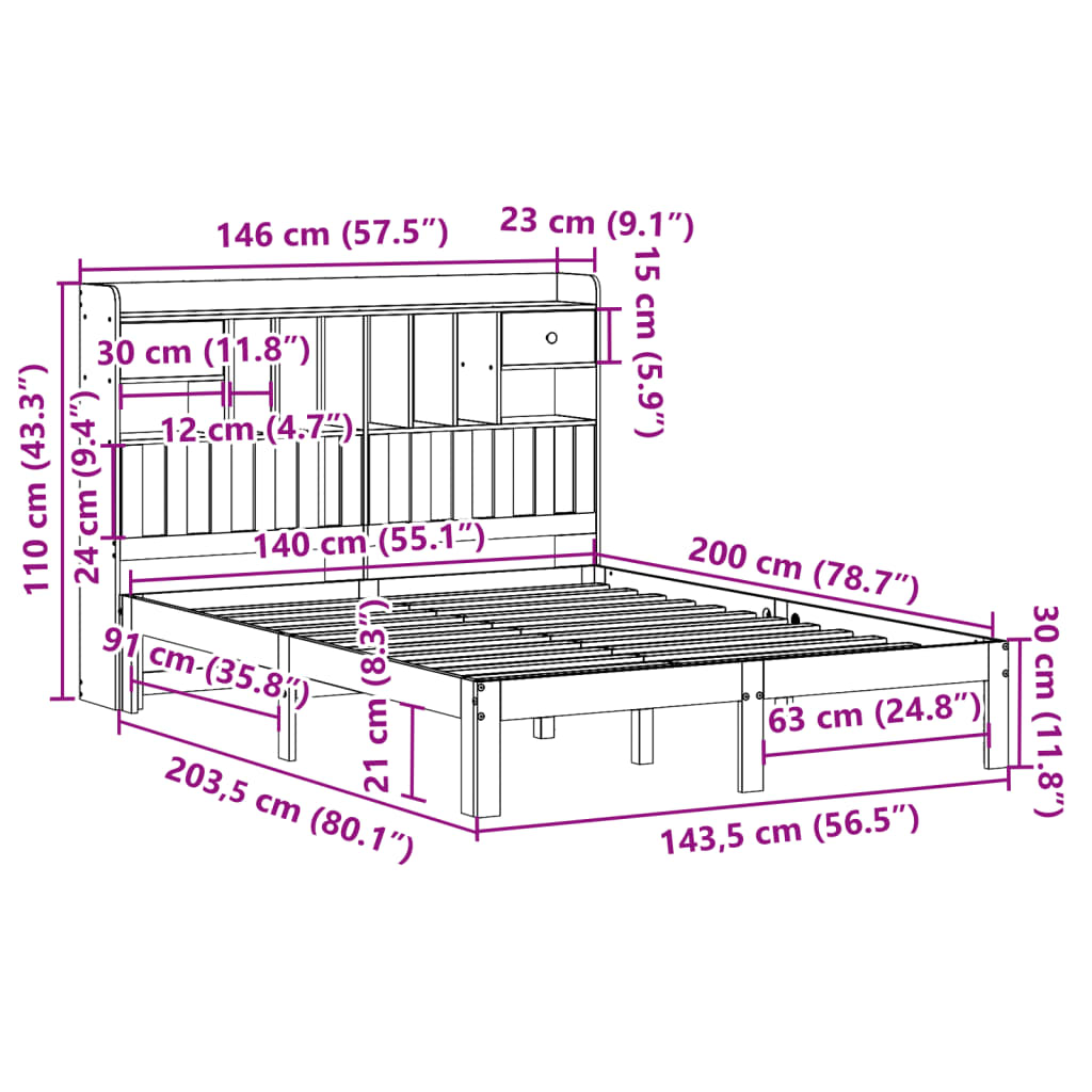 vidaXL Cama con estantería sin colchón madera maciza de pino 140x200cm