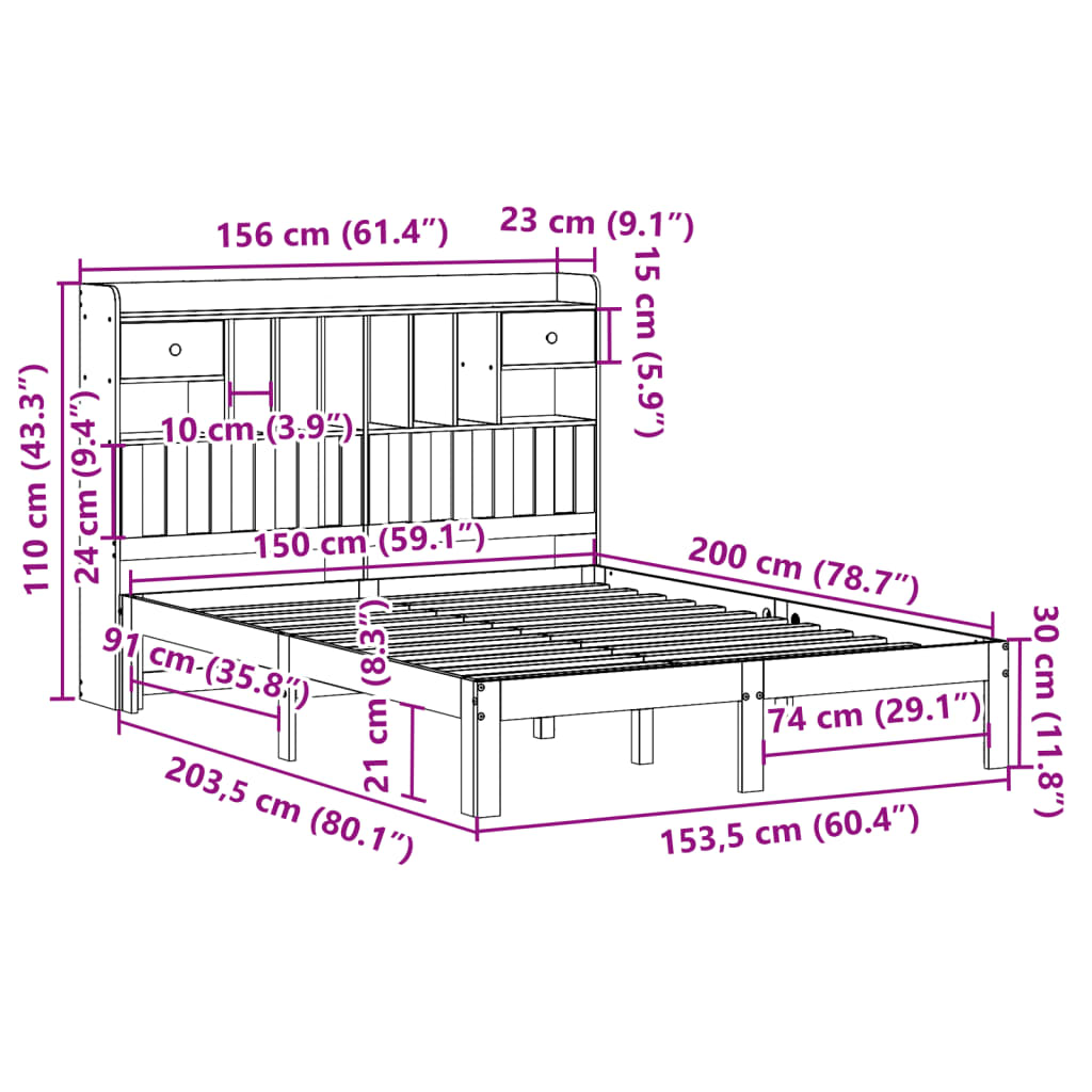 vidaXL Cama con estantería sin colchón madera maciza de pino 150x200cm