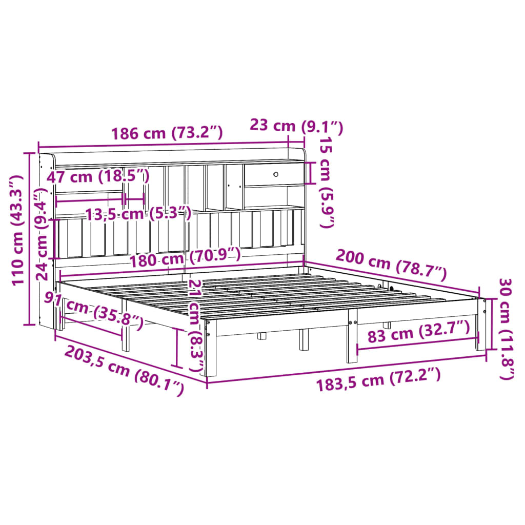 vidaXL Cama con estantería sin colchón madera maciza blanca 180x200 cm