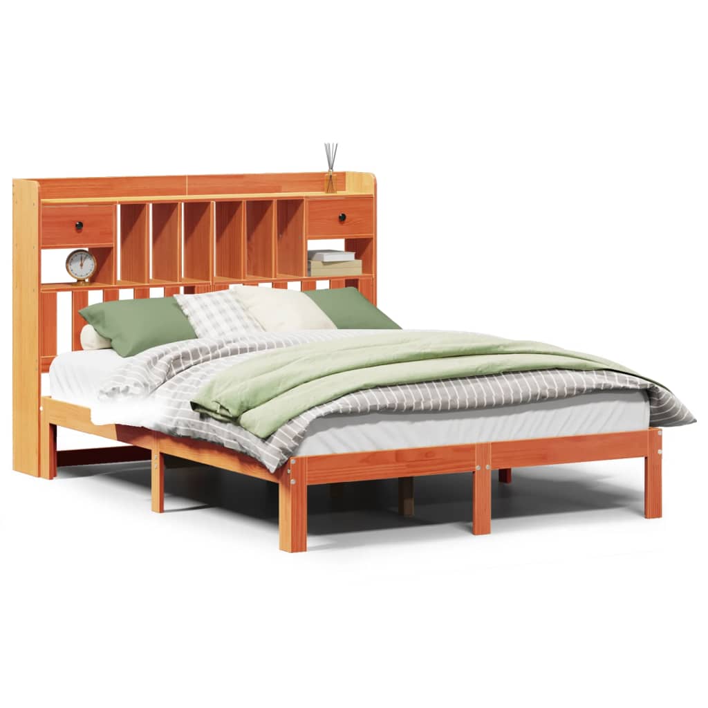 vidaXL Cama con estantería sin colchón madera maciza marrón 140x190 cm