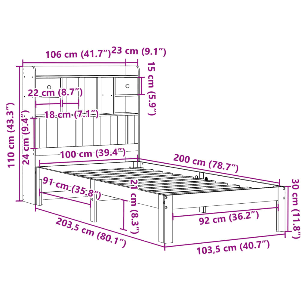 vidaXL Cama con estantería sin colchón madera maciza marrón 100x200 cm