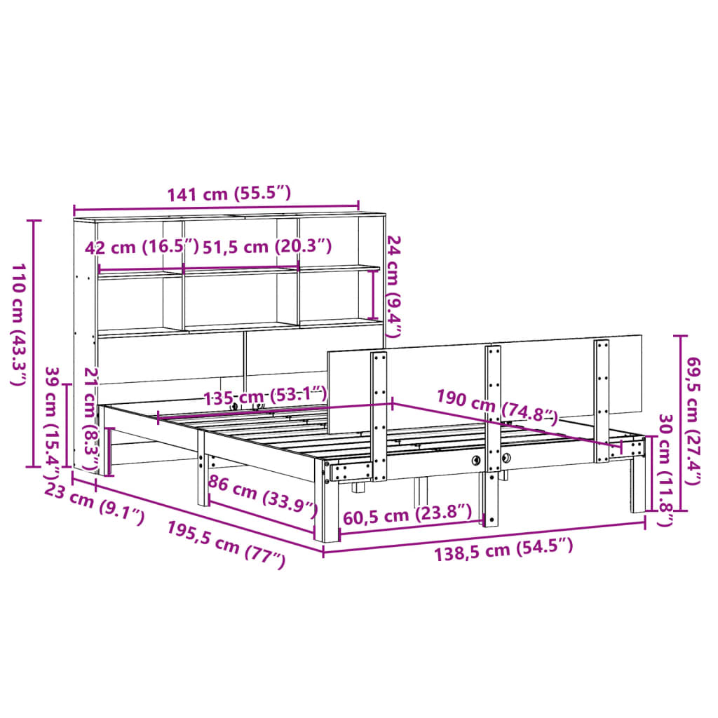 vidaXL Cama con estantería sin colchón madera maciza blanca 135x190 cm