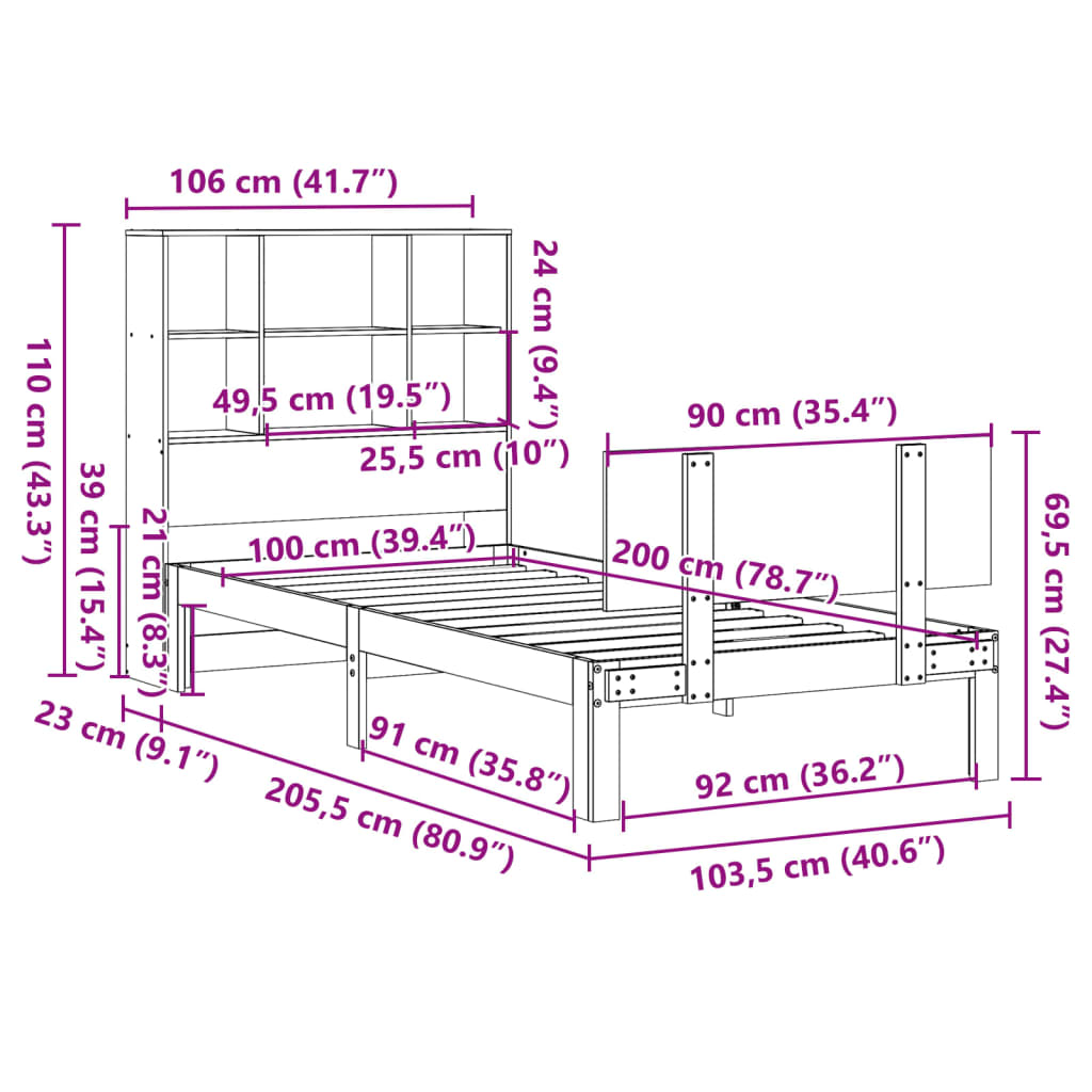 vidaXL Cama con estantería sin colchón madera maciza de pino 100x200cm