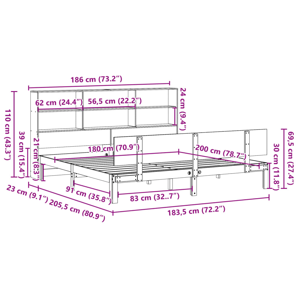 vidaXL Cama con estantería sin colchón madera maciza blanca 180x200 cm