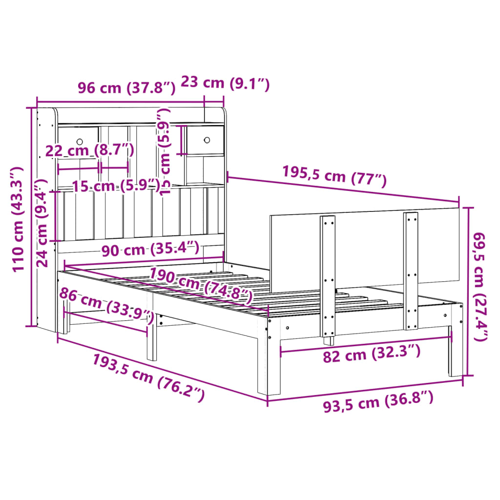 vidaXL Cama con estantería sin colchón madera maciza de pino 90x190 cm