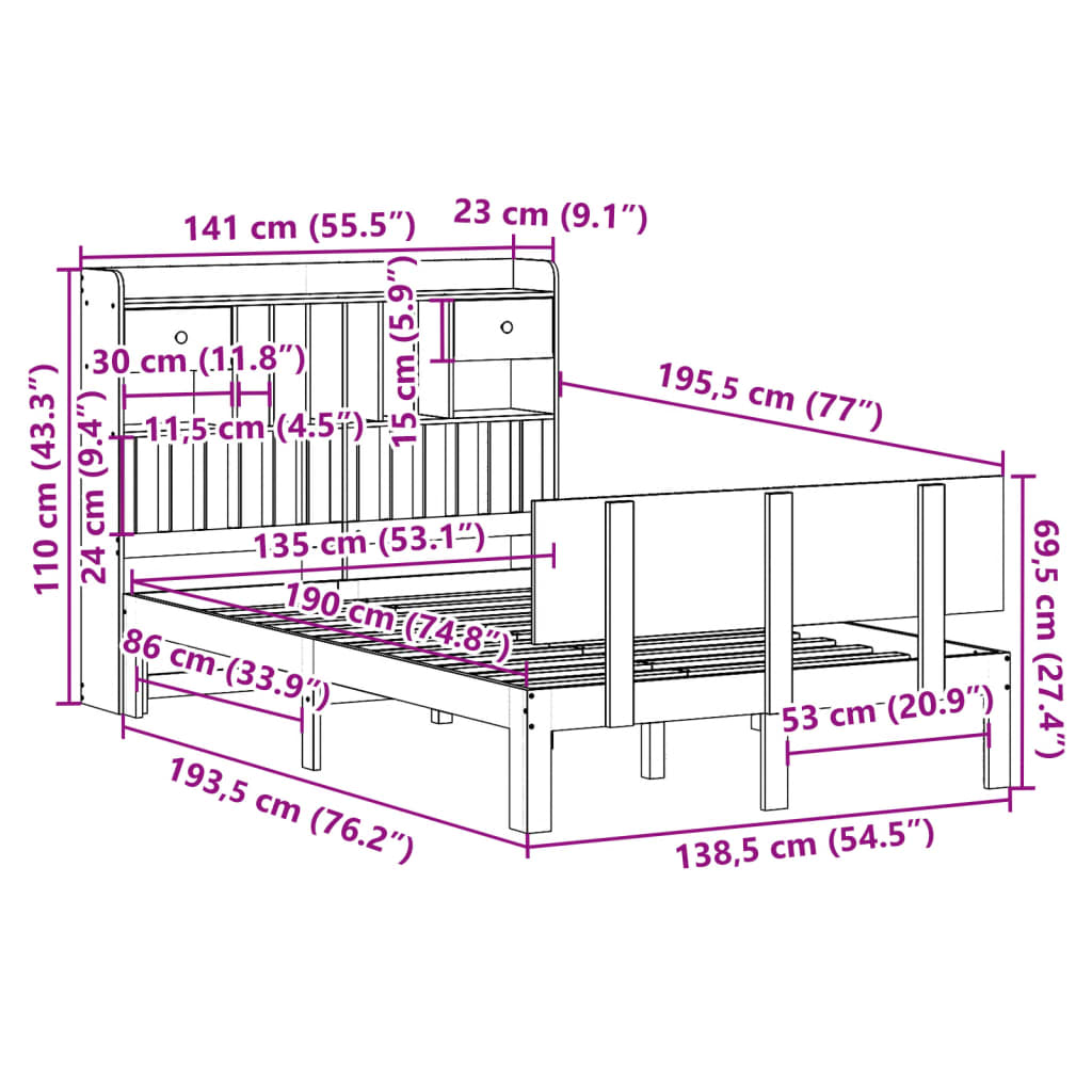 vidaXL Cama con estantería sin colchón madera maciza blanca 135x190 cm