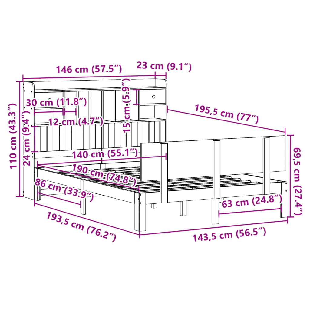 vidaXL Cama con estantería sin colchón madera maciza de pino 140x190cm