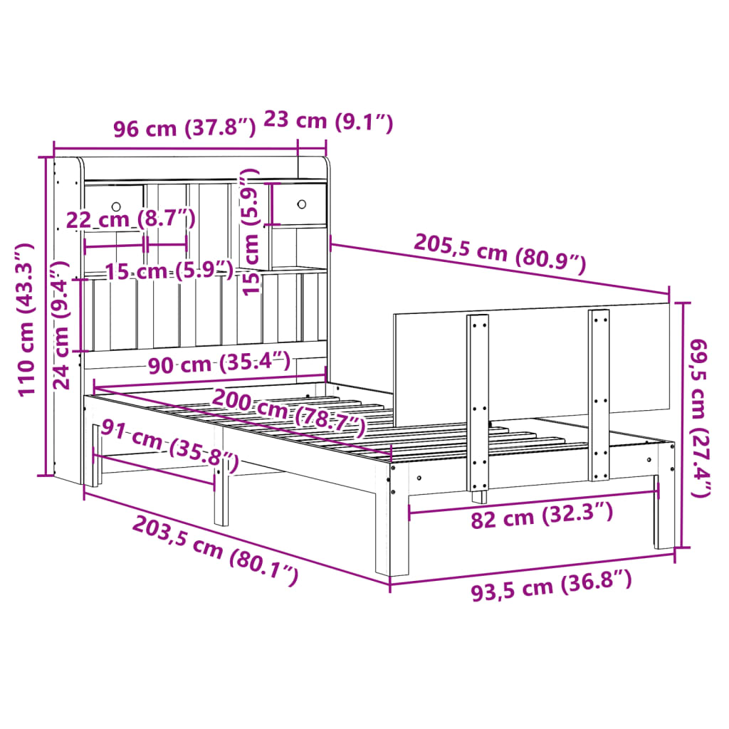 vidaXL Cama con estantería sin colchón madera maciza de pino 90x200 cm