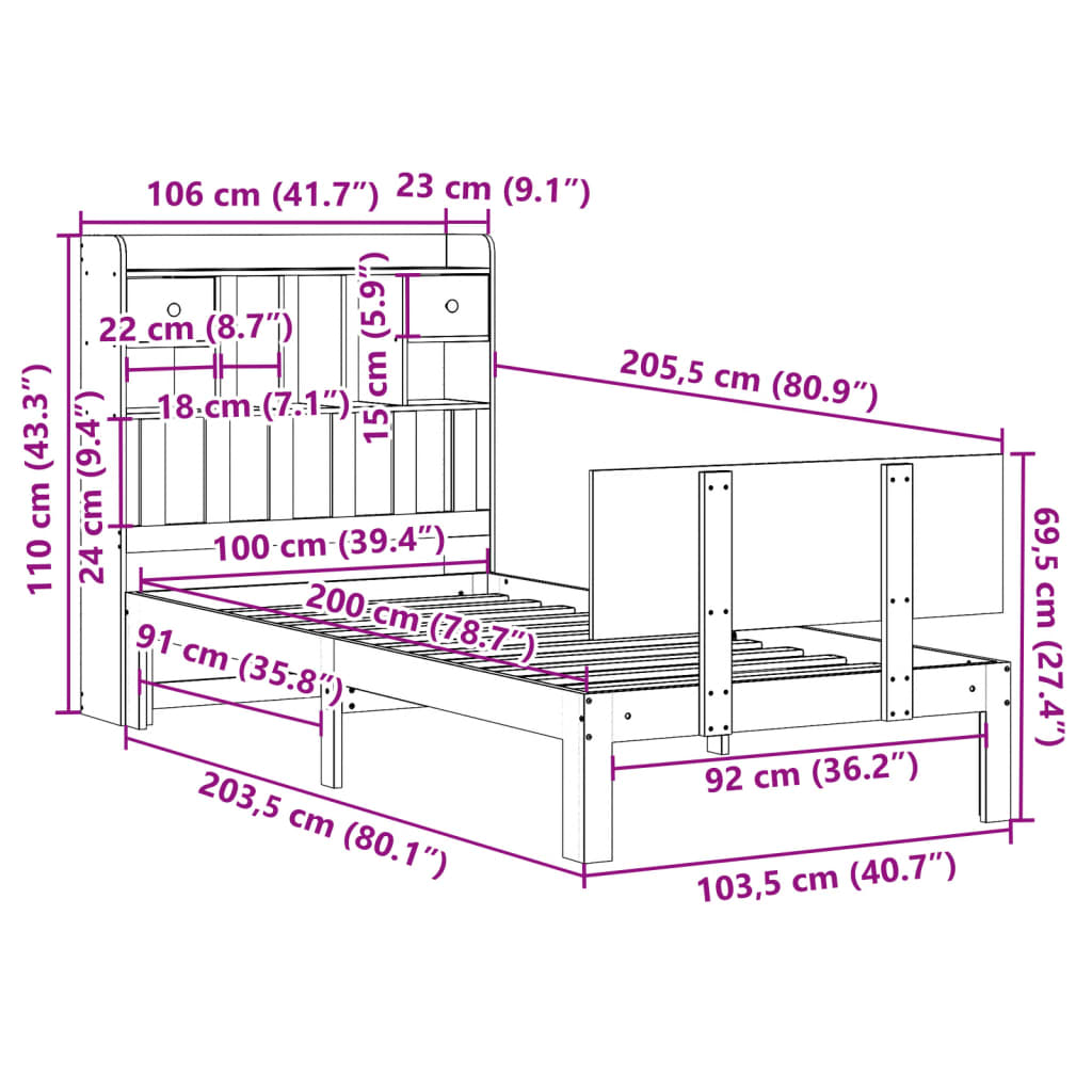 vidaXL Cama con estantería sin colchón madera maciza de pino 100x200cm