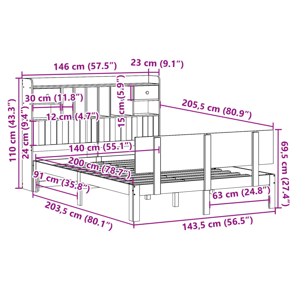 vidaXL Cama con estantería sin colchón madera maciza de pino 140x200cm