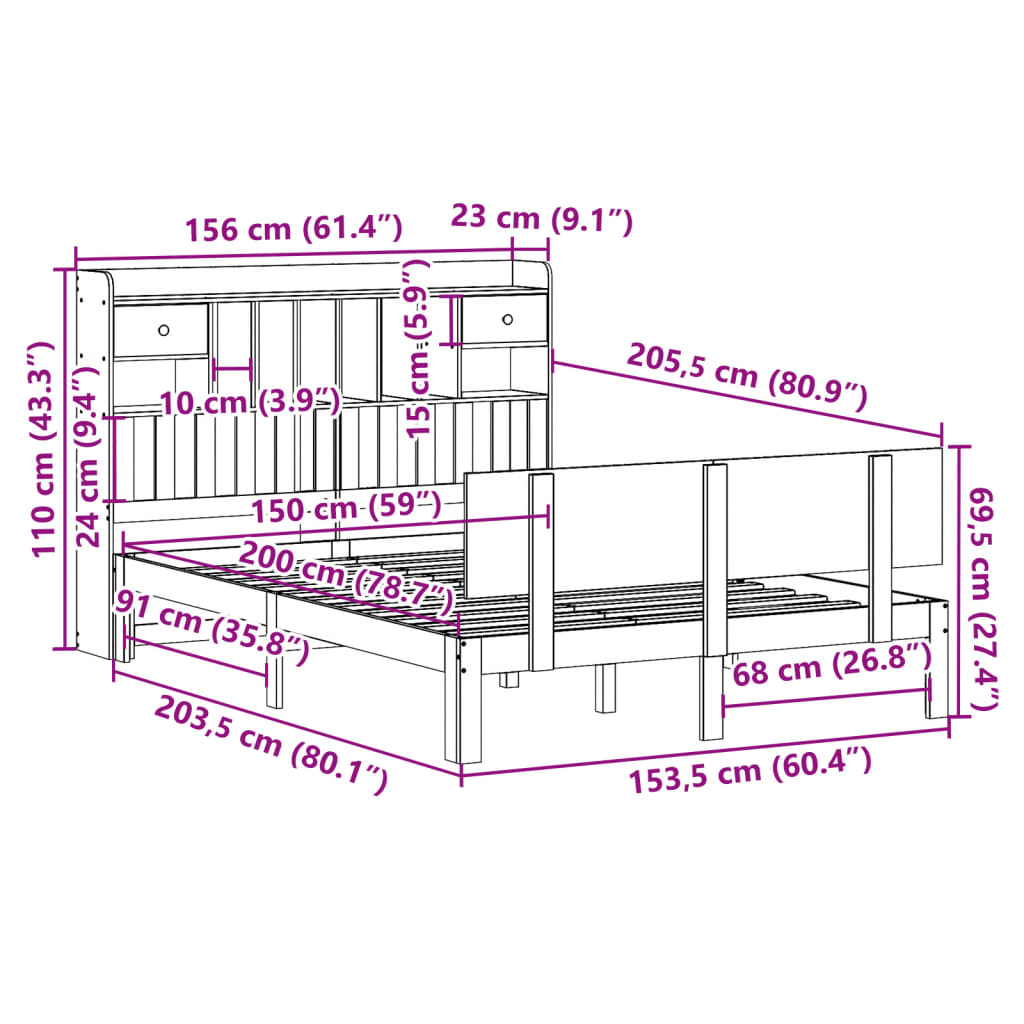 vidaXL Cama con estantería sin colchón madera maciza blanca 150x200 cm