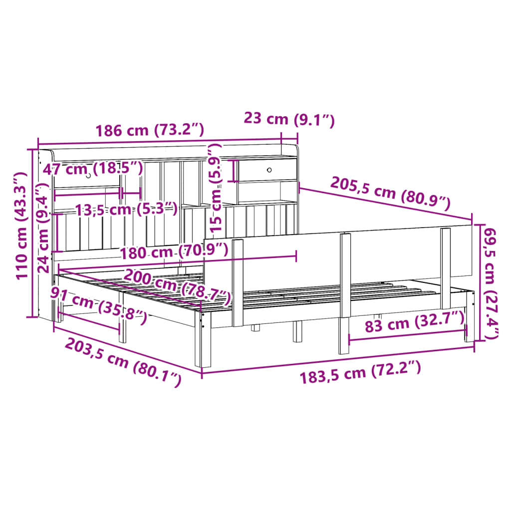 vidaXL Cama con estantería sin colchón madera maciza blanca 180x200 cm