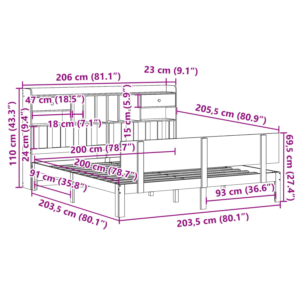 vidaXL Cama con estantería sin colchón madera maciza blanca 200x200 cm