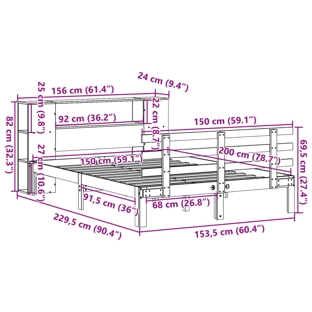 vidaXL Cama con estantería sin colchón madera maciza marrón 150x200 cm