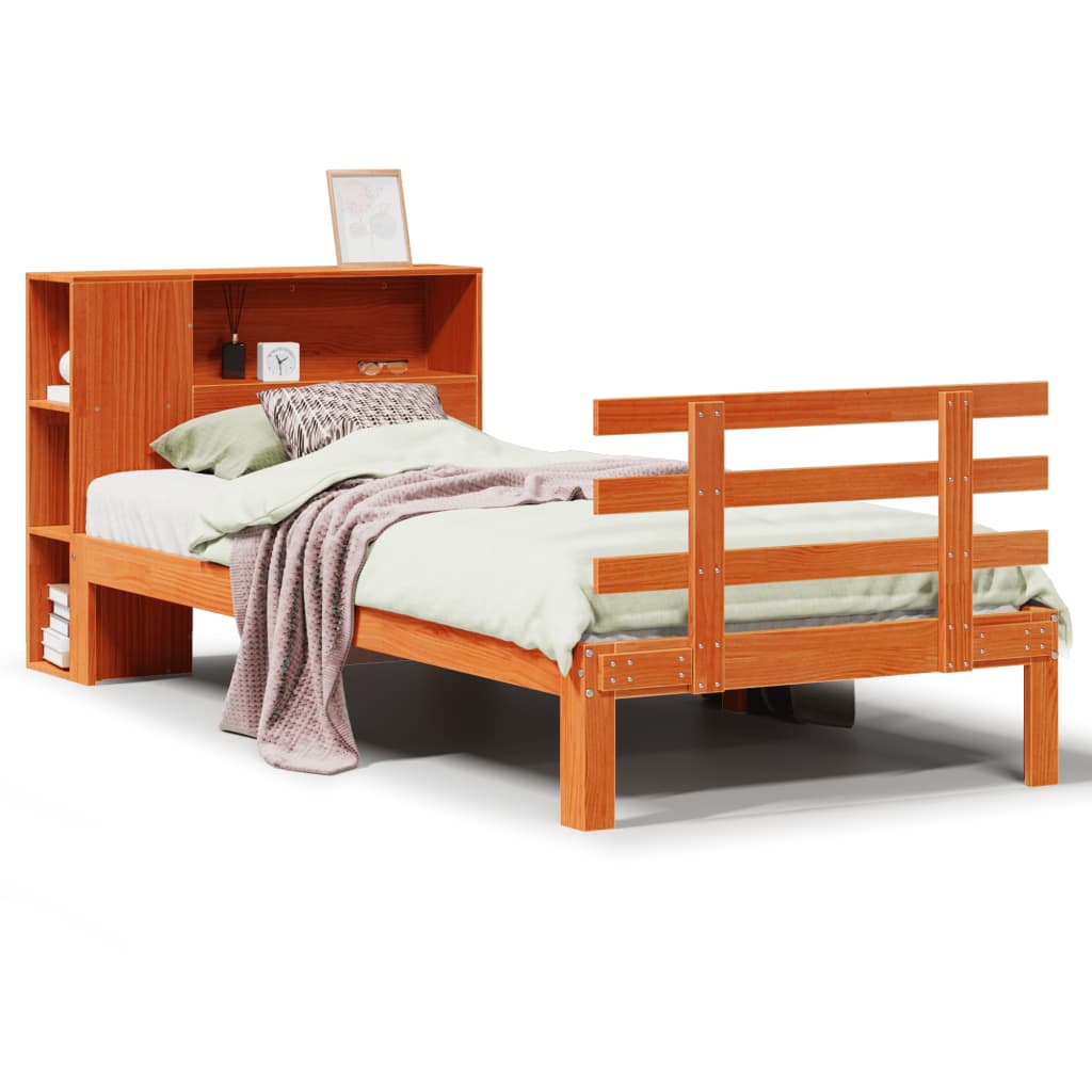 vidaXL Cama con estantería sin colchón madera maciza marrón 90x190 cm