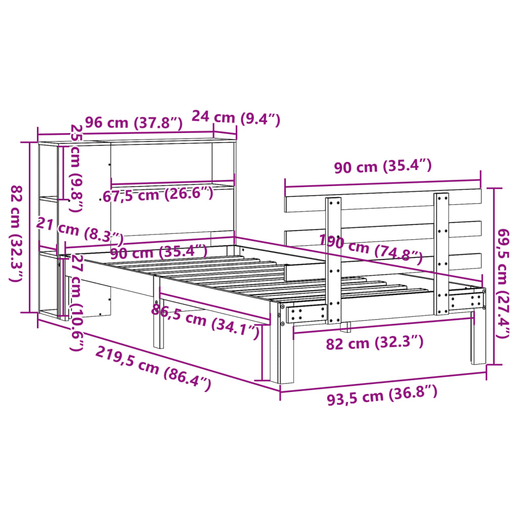 vidaXL Cama con estantería sin colchón madera maciza marrón 90x190 cm