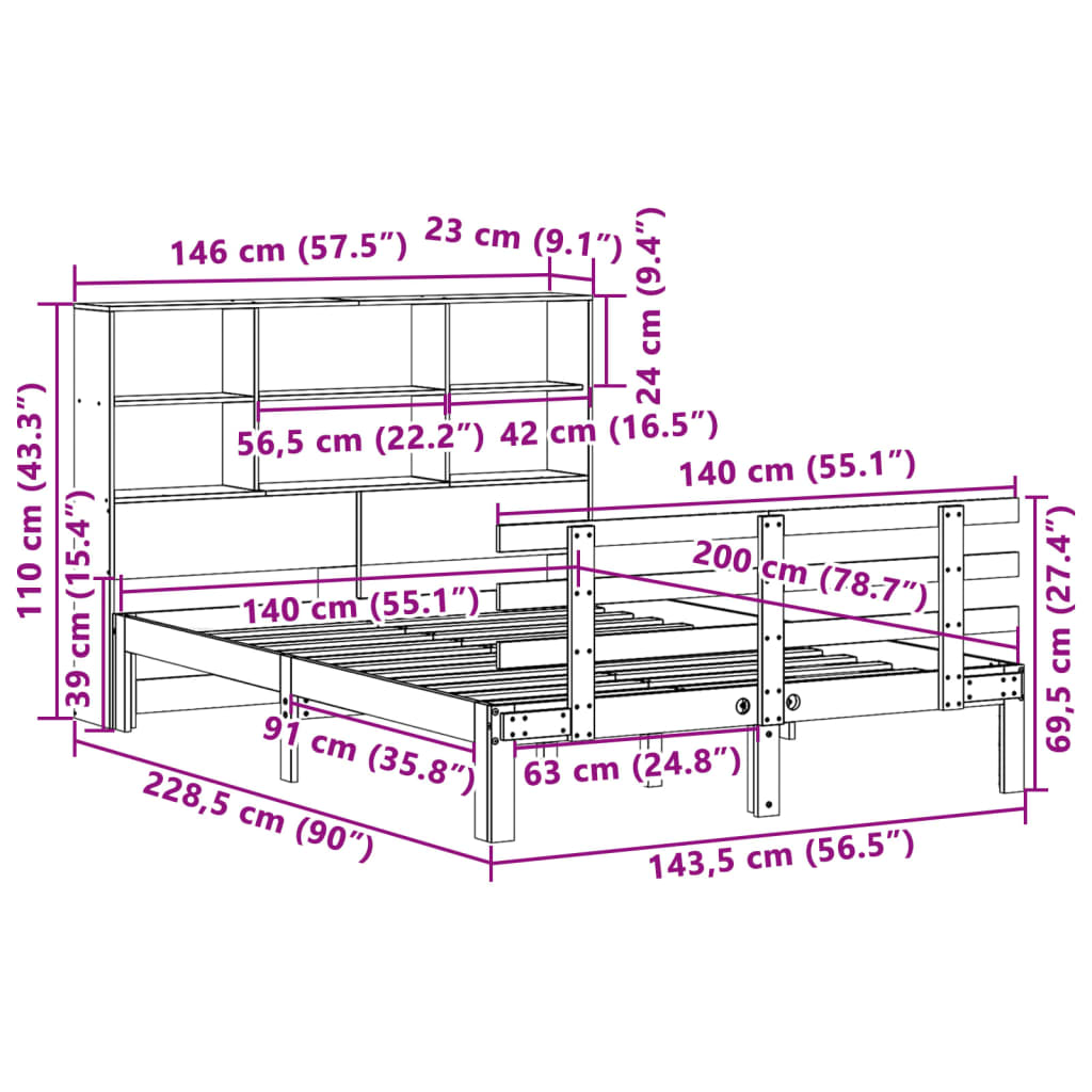 vidaXL Cama con estantería sin colchón madera maciza de pino 140x200cm