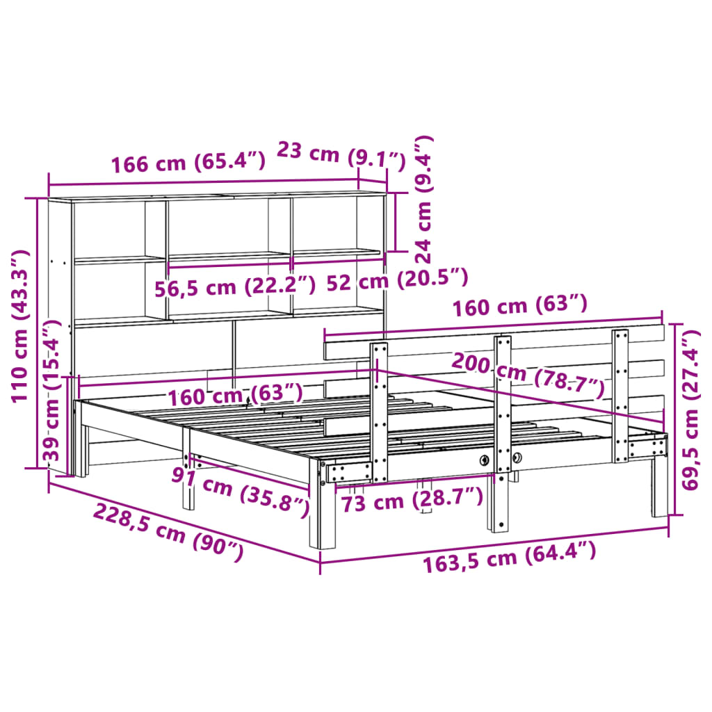 vidaXL Cama con estantería sin colchón madera maciza blanca 160x200 cm