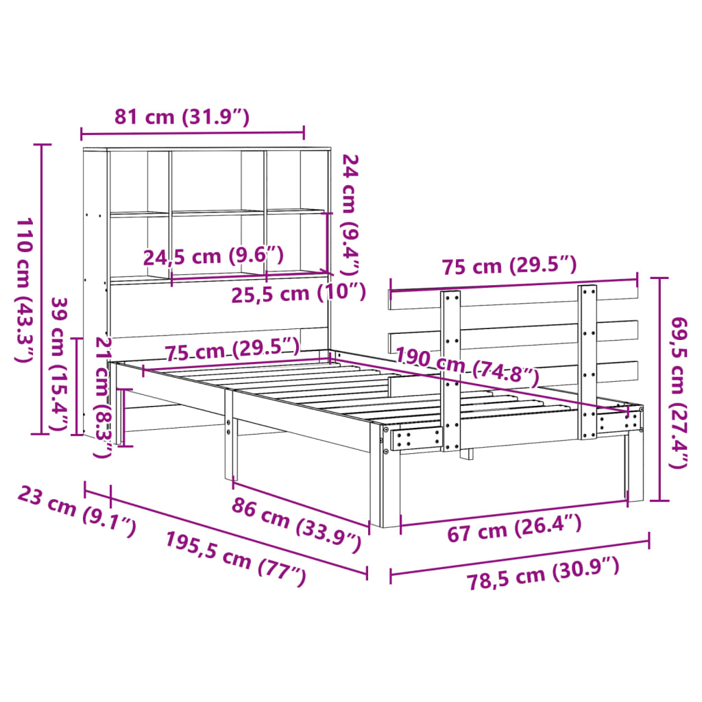 vidaXL Cama con estantería sin colchón madera maciza marrón 75x190 cm