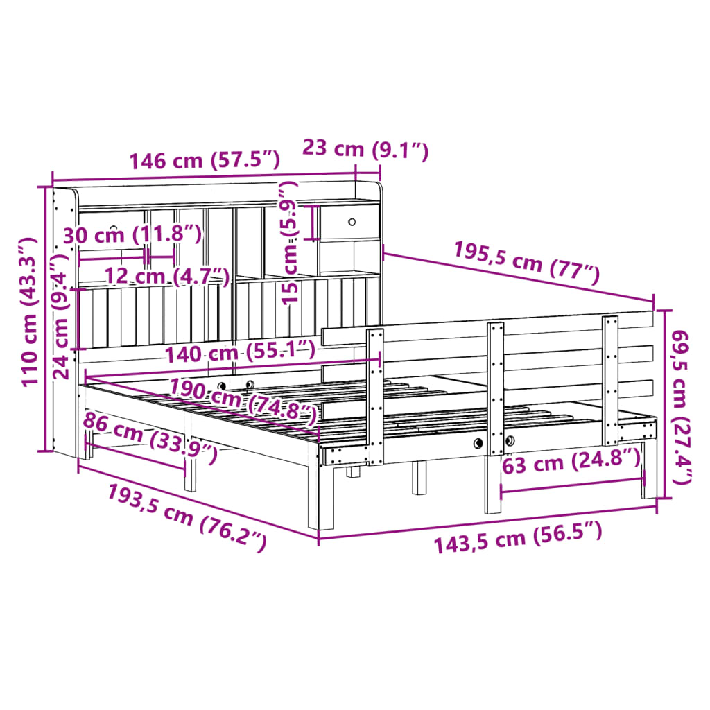 vidaXL Cama con estantería sin colchón madera maciza de pino 140x190cm