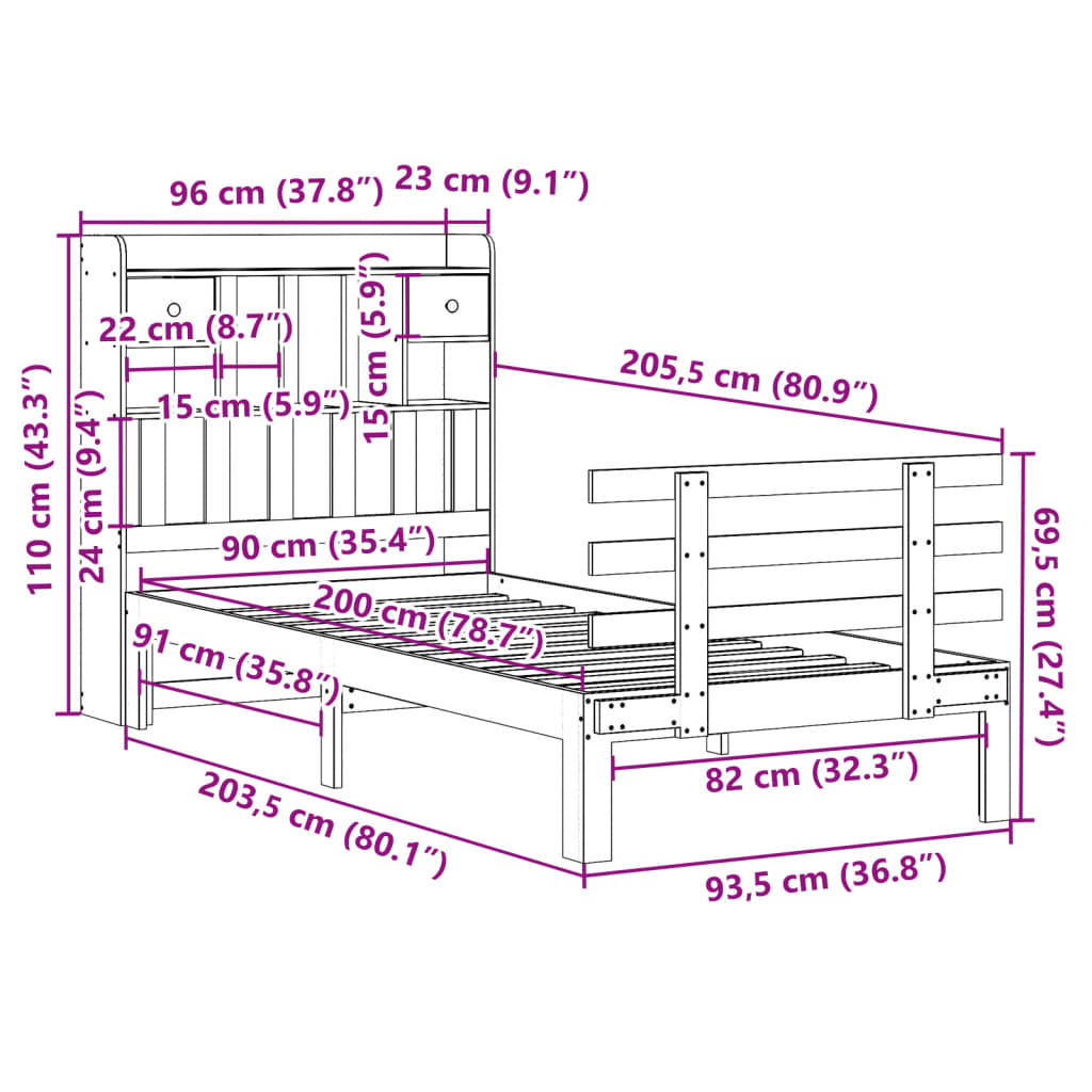 vidaXL Cama con estantería sin colchón madera maciza de pino 90x200 cm