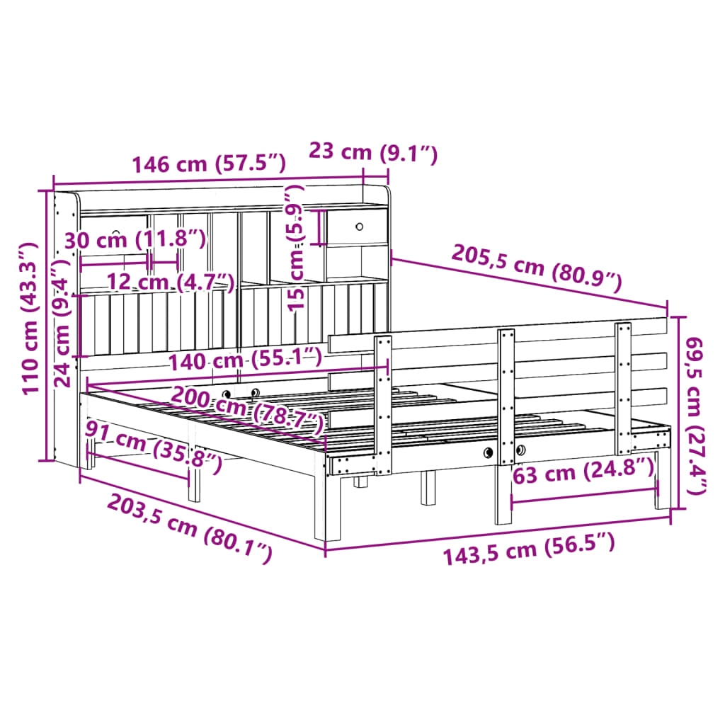 vidaXL Cama con estantería sin colchón madera maciza blanca 140x200 cm