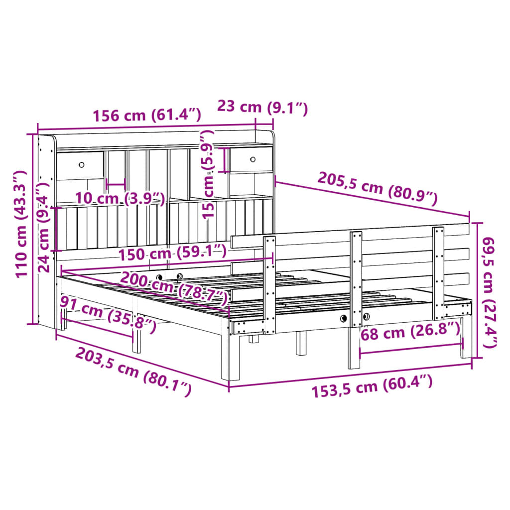 vidaXL Cama con estantería sin colchón madera maciza blanca 150x200 cm