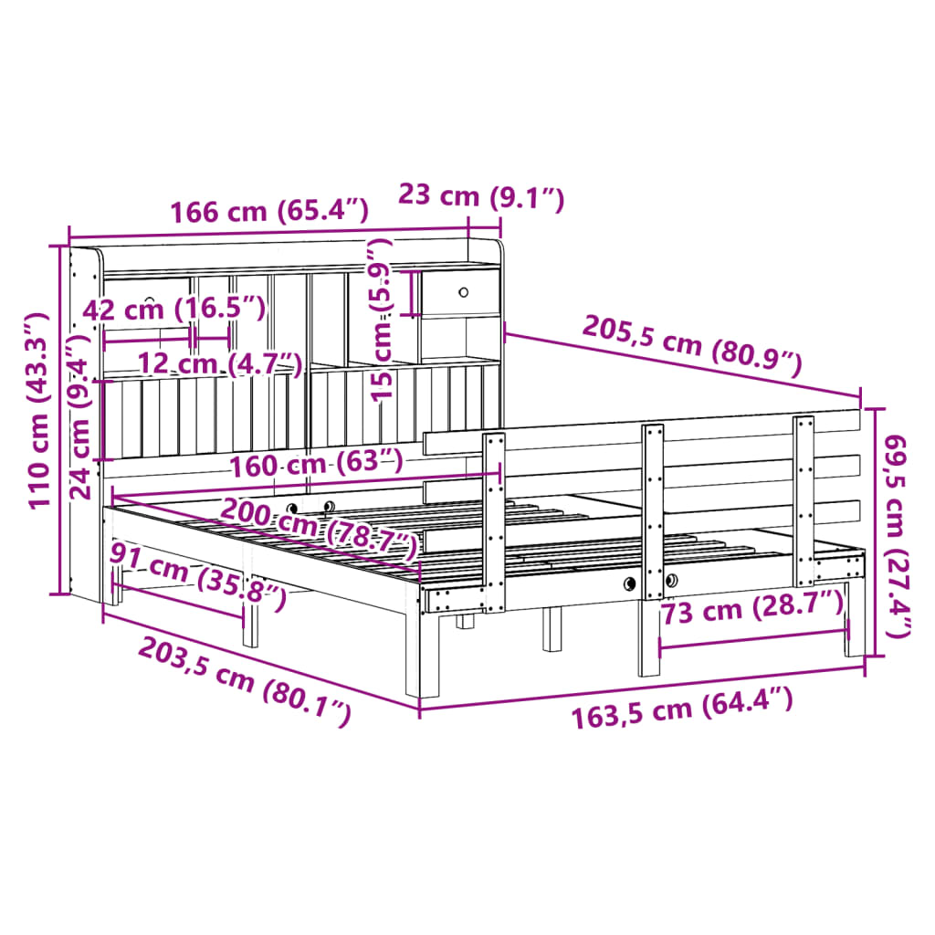 vidaXL Cama con estantería sin colchón madera maciza de pino 160x200cm