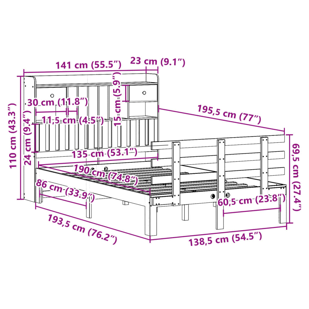 vidaXL Cama con estantería sin colchón madera maciza marrón 135x190cm