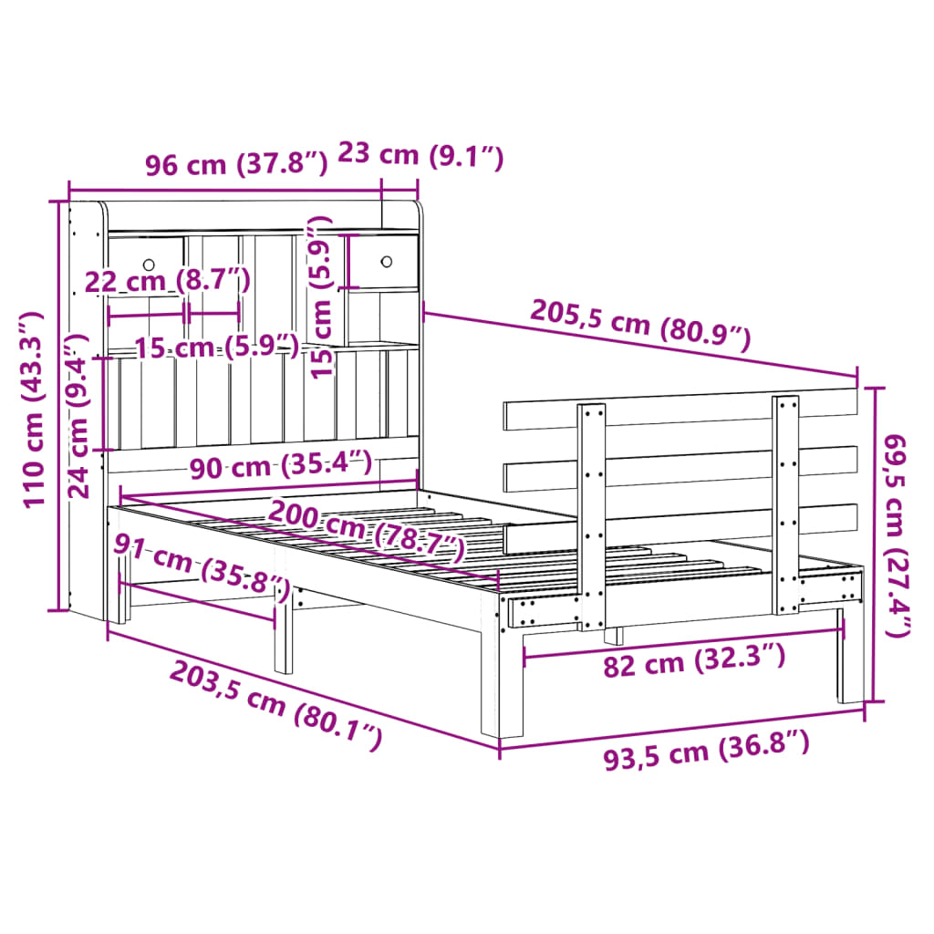 vidaXL Sofá con estantería sin colchón madera maciza marrón 90x200 cm