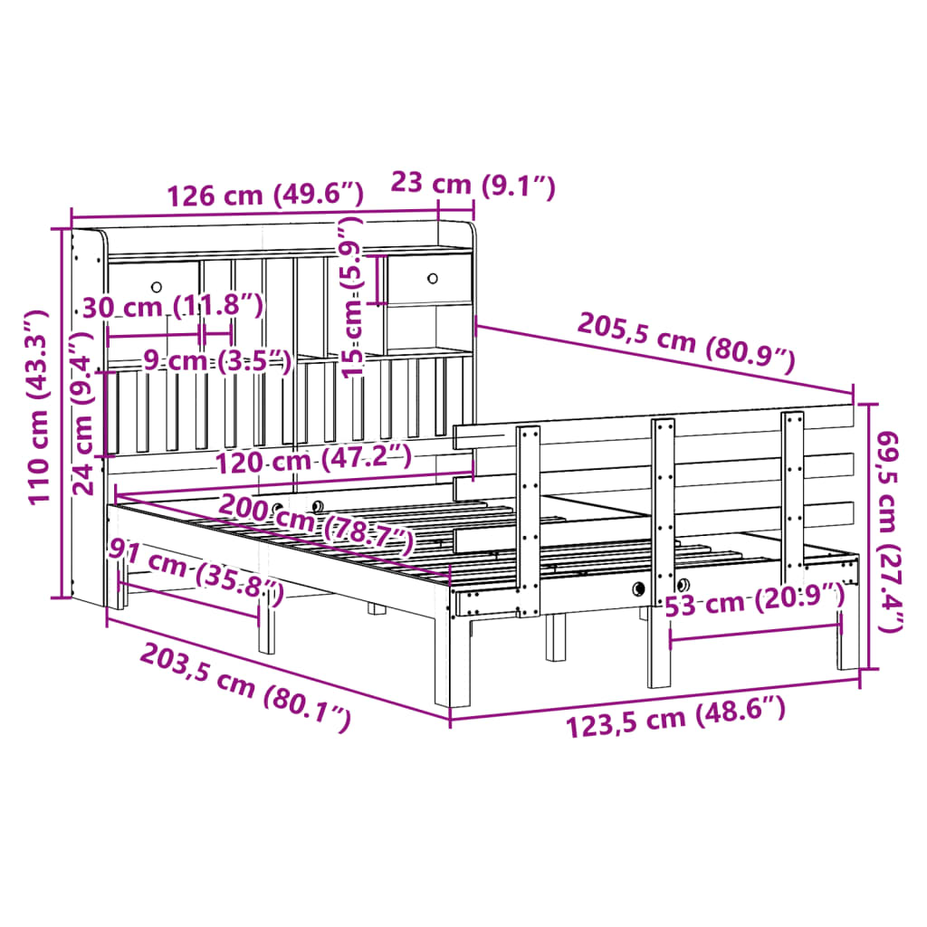 vidaXL Cama con estantería sin colchón madera maciza marrón 120x200cm