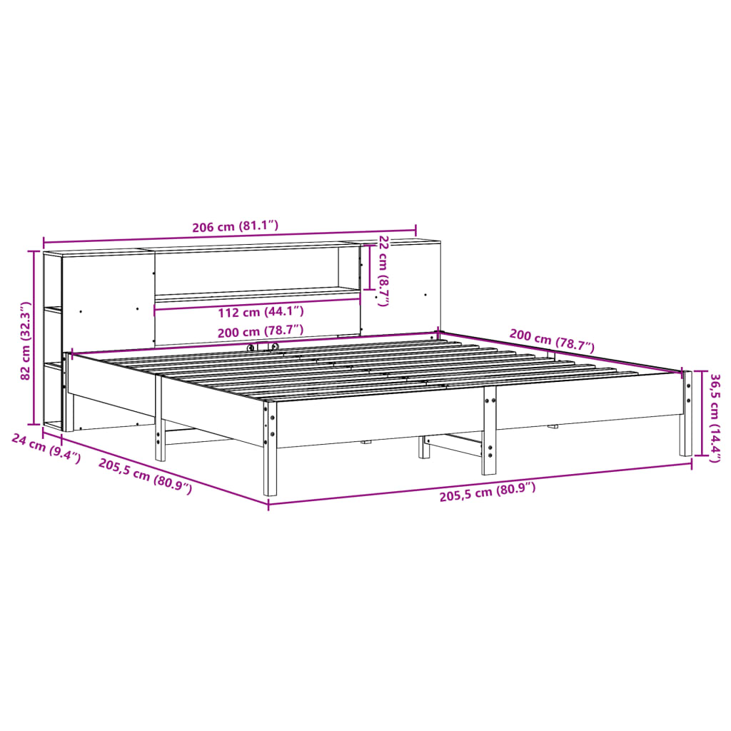 vidaXL Cama con estantería sin colchón madera maciza marrón 200x200 cm