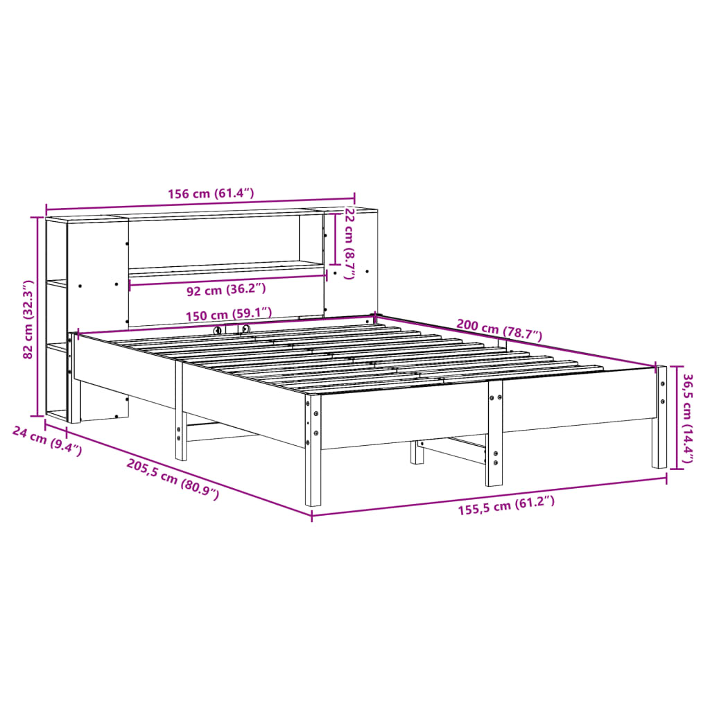 vidaXL Cama con estantería sin colchón madera maciza marrón 150x200 cm