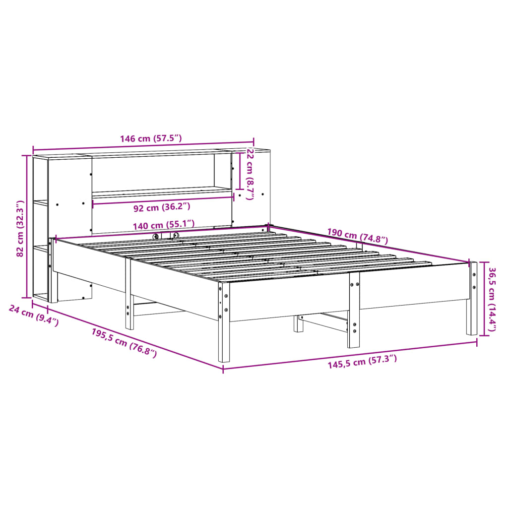 vidaXL Cama con estantería sin colchón madera maciza marrón 140x190 cm