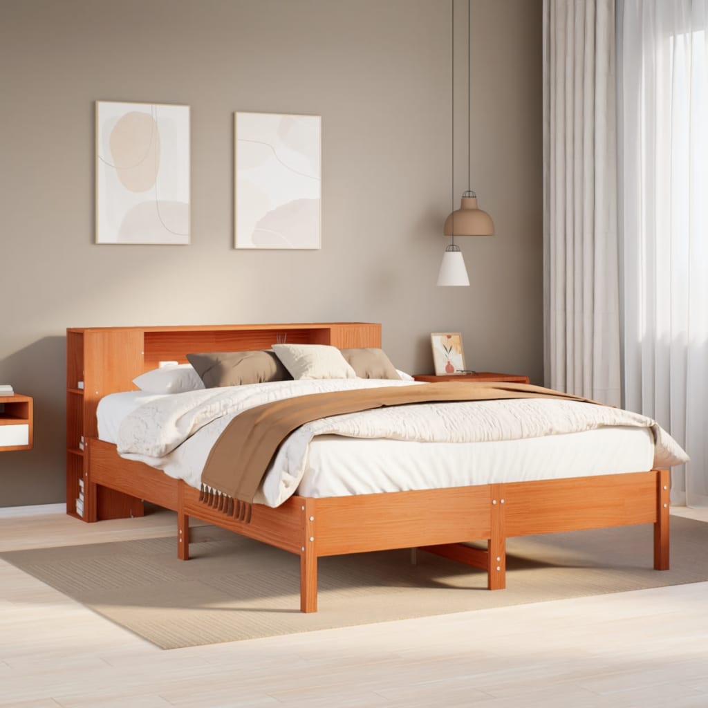 vidaXL Cama con estantería sin colchón madera maciza marrón 135x190cm