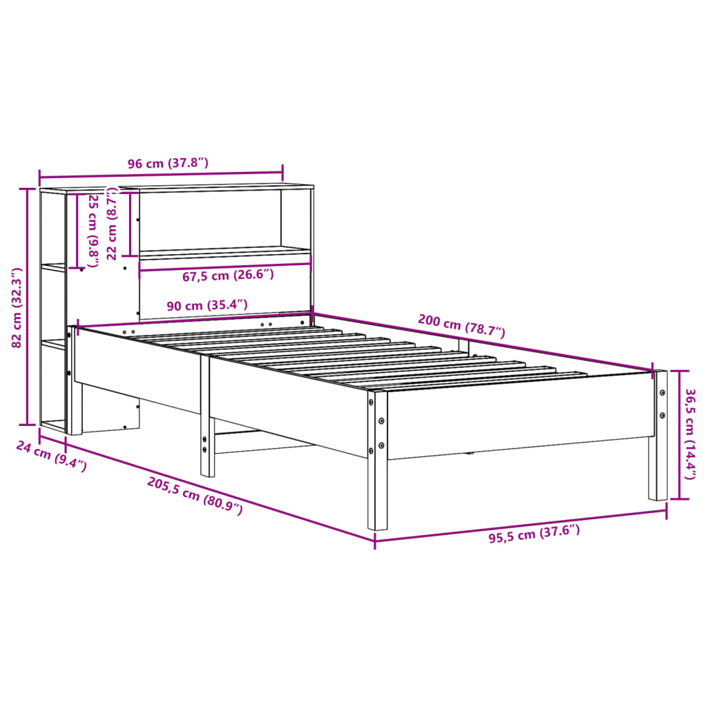 vidaXL Sofá con estantería sin colchón madera maciza marrón 90x200 cm