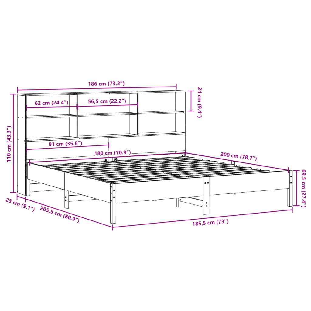 vidaXL Cama con estantería sin colchón madera maciza marrón 180x200cm