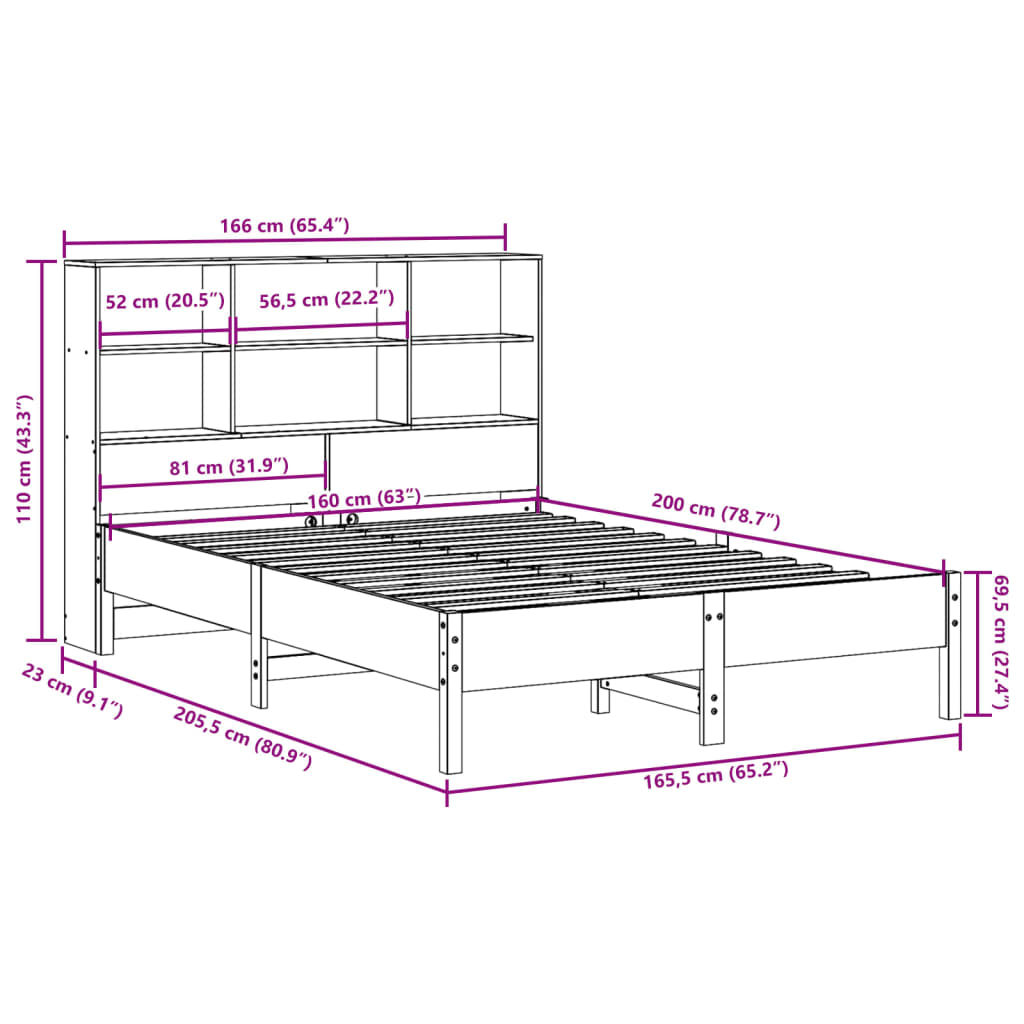 vidaXL Cama con estantería sin colchón madera maciza de pino 160x200cm