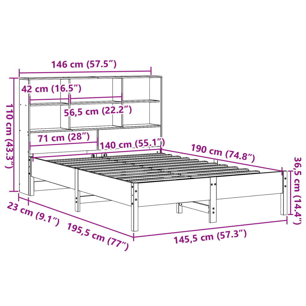 vidaXL Cama con estantería sin colchón madera maciza de pino 140x190cm