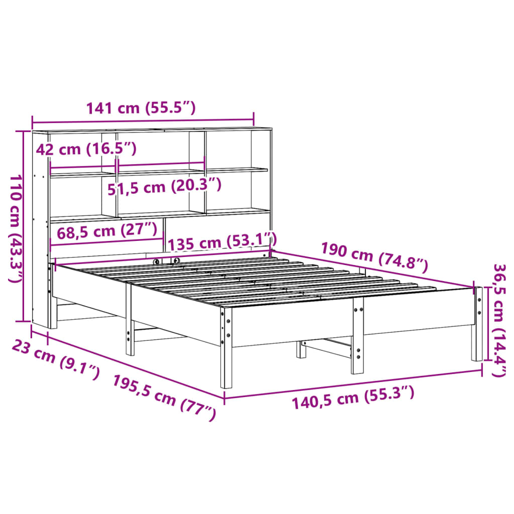 vidaXL Cama con estantería sin colchón madera maciza marrón 135x190cm