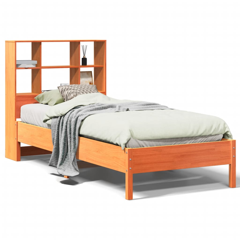 vidaXL Cama con estantería sin colchón madera maciza marrón 90x190 cm