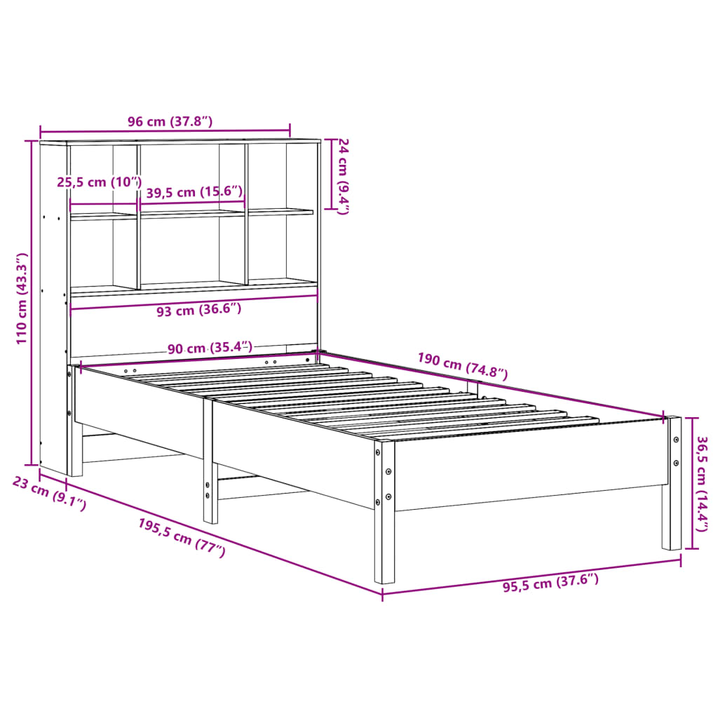 vidaXL Cama con estantería sin colchón madera maciza marrón 90x190 cm