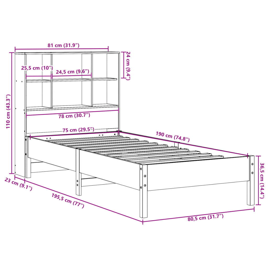 vidaXL Cama con estantería sin colchón madera maciza de pino 75x190 cm