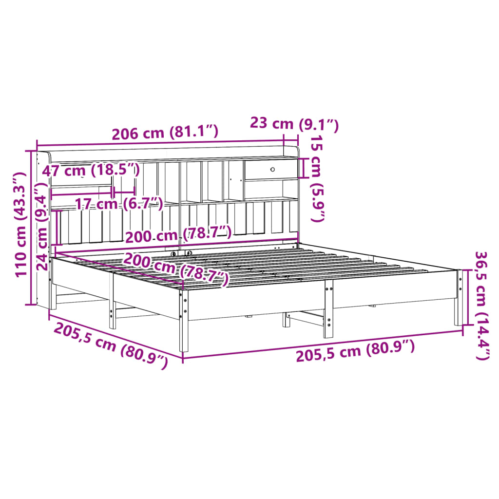 vidaXL Cama con estantería sin colchón madera maciza blanca 200x200 cm