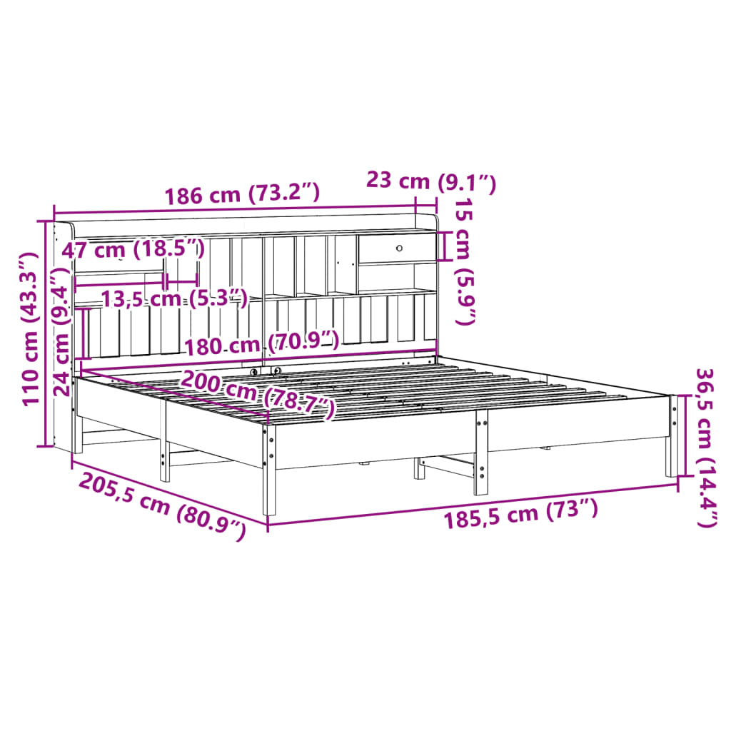 vidaXL Cama con estantería sin colchón madera maciza marrón 180x200cm