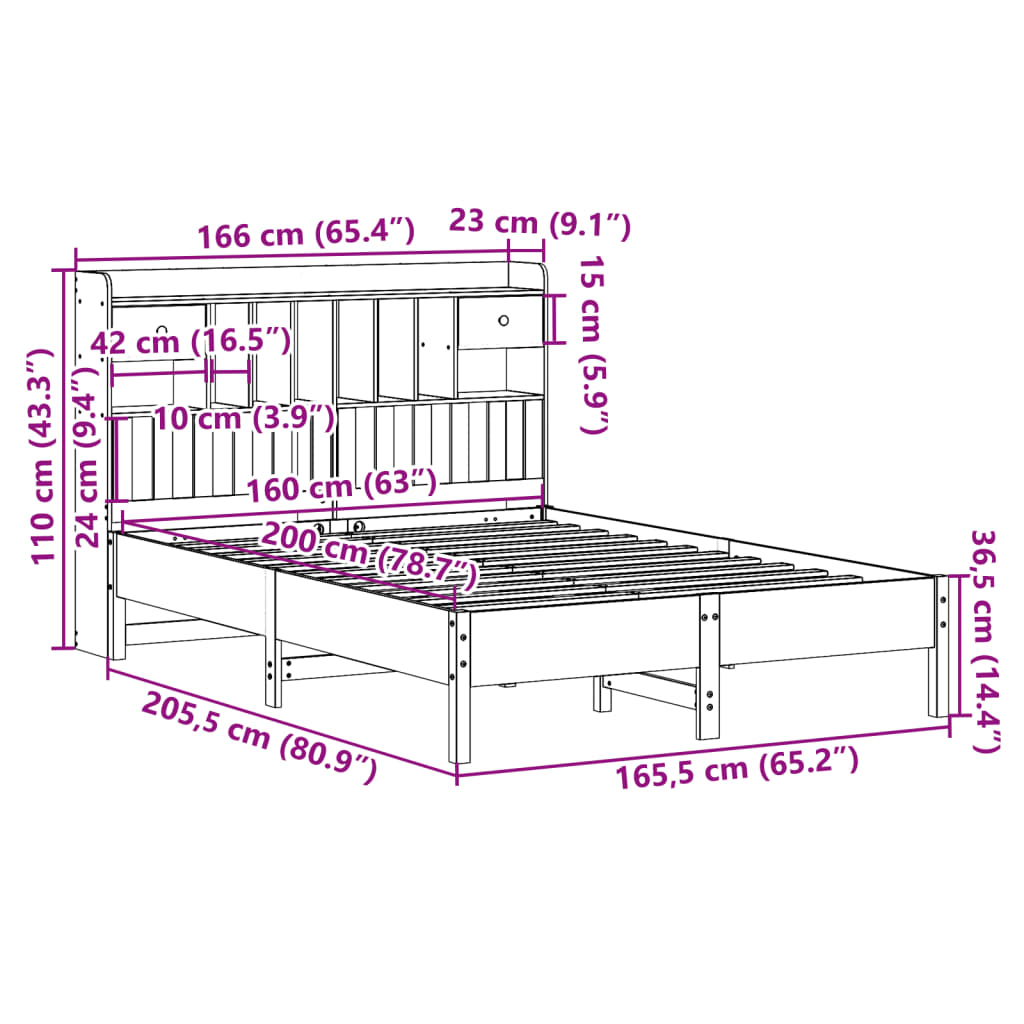 vidaXL Cama con estantería sin colchón madera maciza marrón 160x200 cm