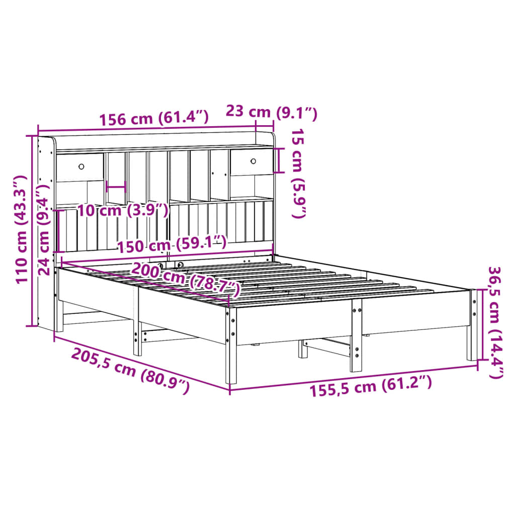 vidaXL Cama con estantería sin colchón madera maciza blanca 150x200 cm