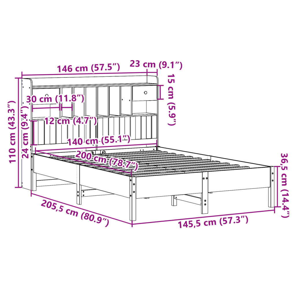 vidaXL Cama con estantería sin colchón madera maciza marrón 140x200 cm