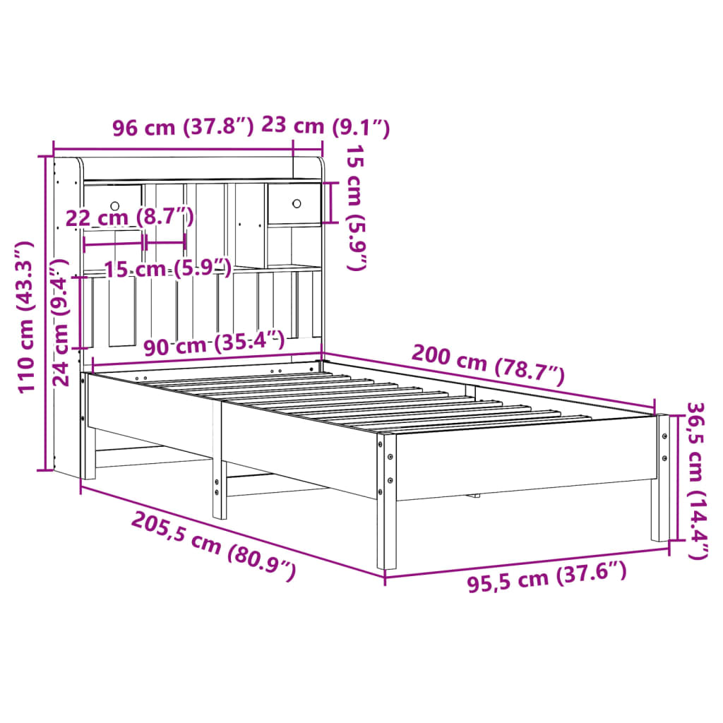 vidaXL Cama con estantería sin colchón madera maciza de pino 90x200 cm